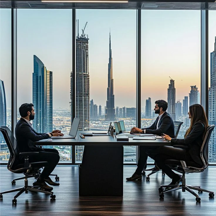 Offshore business setup in Dubai with skyline and business concept illustration